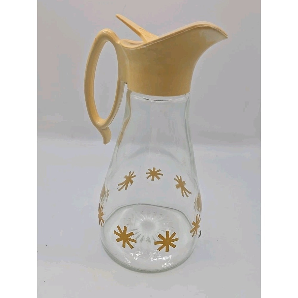Vintage Glass Log Cabin Syrup Pitcher Dispenser Atomic Starburst 7" Pitcher